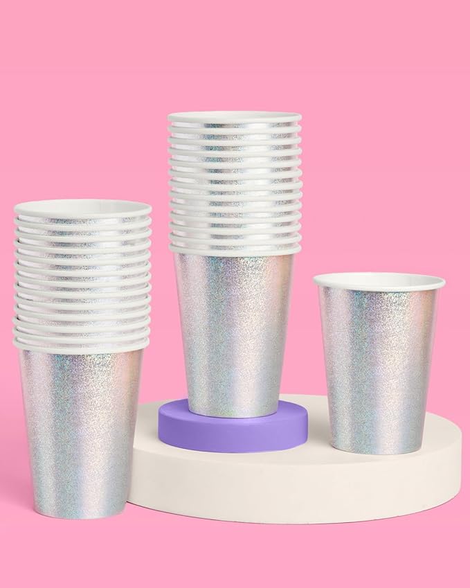 xo, Fetti Silver Iridescent Shimmer Paper Cups | 50 pcs 12 oz | Holographic Bachelorette Party Drinkware, Birthday Tablescape Supplies, NYE Disco Rave Decor