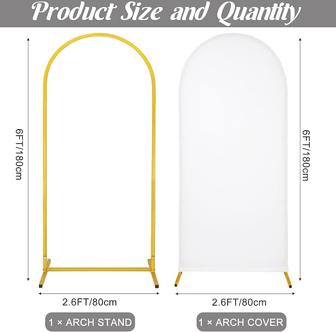 Metal Arch Stand and Cover Set,1 White Spandex Fitted Backdrop with 1 Gold Wedding Arched Stand Frame for Parties Birthday Baby Shower Bridal Banquet Decoration (6FT)