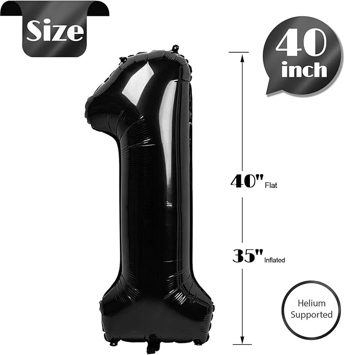 1 Number Balloon for First Birthday, 40 Inch Black One 1st Number Balloon Birthday Decorations for Girl Boy Toddler Baby, 10th 21st, Giant Number 1 Balloon