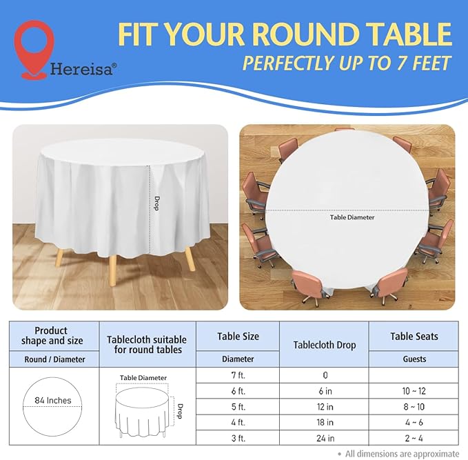 8-Pack White Disposable Plastic Tablecloths Round 84 Inch Diameter - Heavy Duty Waterproof Party Table Covers for Weddings, Banquets & Events