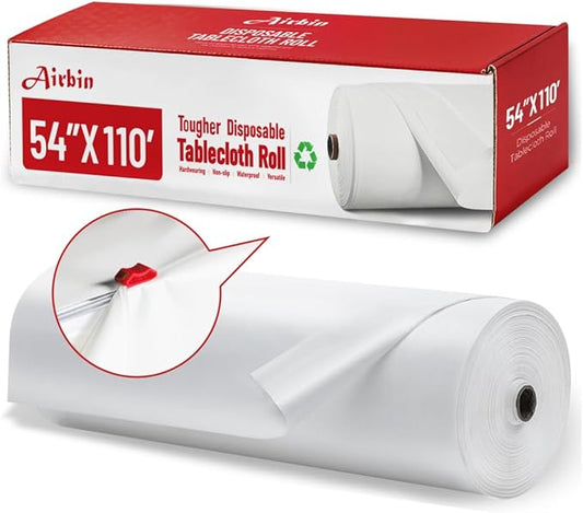 Plastic Table Cloth, 110 Ft X 54 in Disposable Tablecloth White Tablecloth Premium PEVA Plastic Table Cloth Disposable with Any Cut Sliding Cutters for Picnics, Parties, Birthdays, Weddings