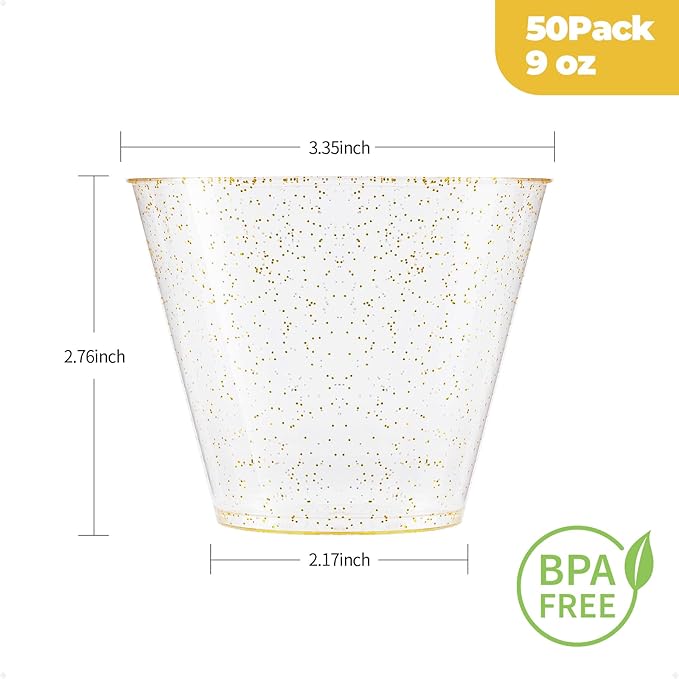 50PCS 9oz Glitter Plastic Cups for Party, Disposable Gold Cups, Plastic Cocktail Glasses for Wedding Thanksgiving, Christmas, and Parties