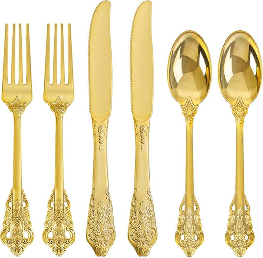 bUCLA HEAVYWEIGHT 300PCS Gold Plastic Silverware Disposable - Extra Heavy Duty Plastic Cutlery - Gold Disposable Utensils Set - Include 100 Knives, 100 Forks, 100 Spoons for Party & Special Moments