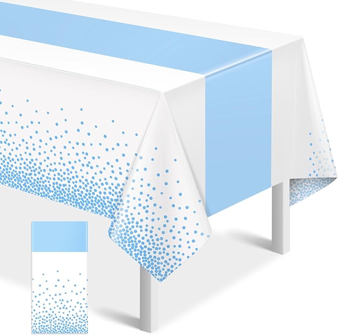 MASHAN 1Pcs White Light Blue Tablecloth Party Decorations,Plastic White Table Cloth Printed Baby Blue Table Runner Disposable Rectangle Cover for Birthday Baby Shower Wedding Party,54 x108 Inch