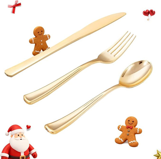 WDF 500PCS Gold Plastic Silverware Set Disposable - Gold Cutlery Set Plastic - 250Forks, 125 Spoons, 125 Knives for Christmas Party, Birthday, Wedding