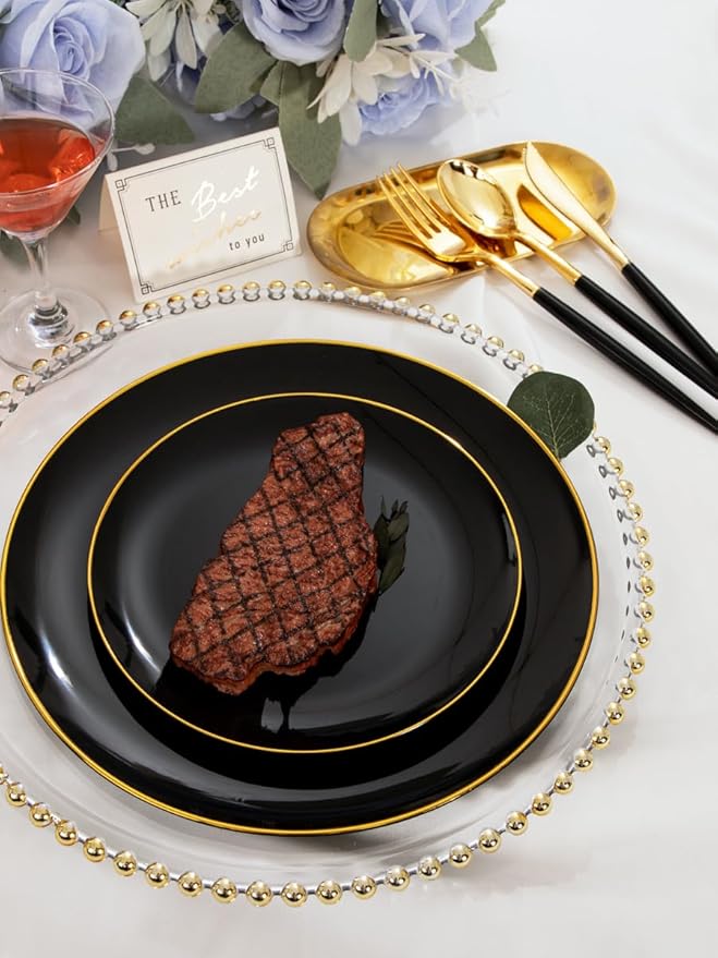 I00000 144 PCS Black Silverware Set, Plastic Silverware with Black Handle, Gold Plastic Cutlery Includes: 48 Forks, 48 Knives and 48 Spoons for Party or Dinner& Wedding