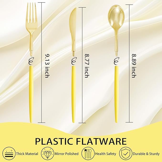 Supernal 102Pcs Gold Plastic Silverware, Gold Disposable Utensils with Yellow Handle, Yellow Plastic Silverware Heavy Duty Include 34 Forks, 34 Knives and 34 Spoons Perfect for Party, Mother's Day