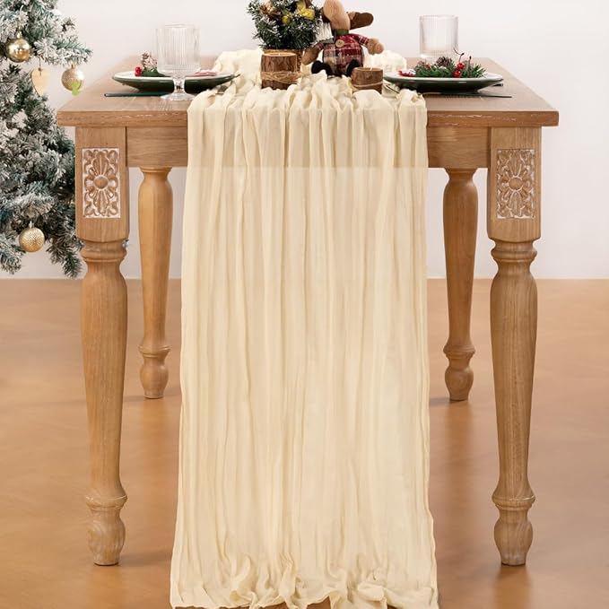 MLMC Beige Cream Cheesecloth Table Runner Extra Long 13.3ft Rustic Boho Cheese Cloth Table Runner Winter Decor 35 x 160 inches for Events Home Decor