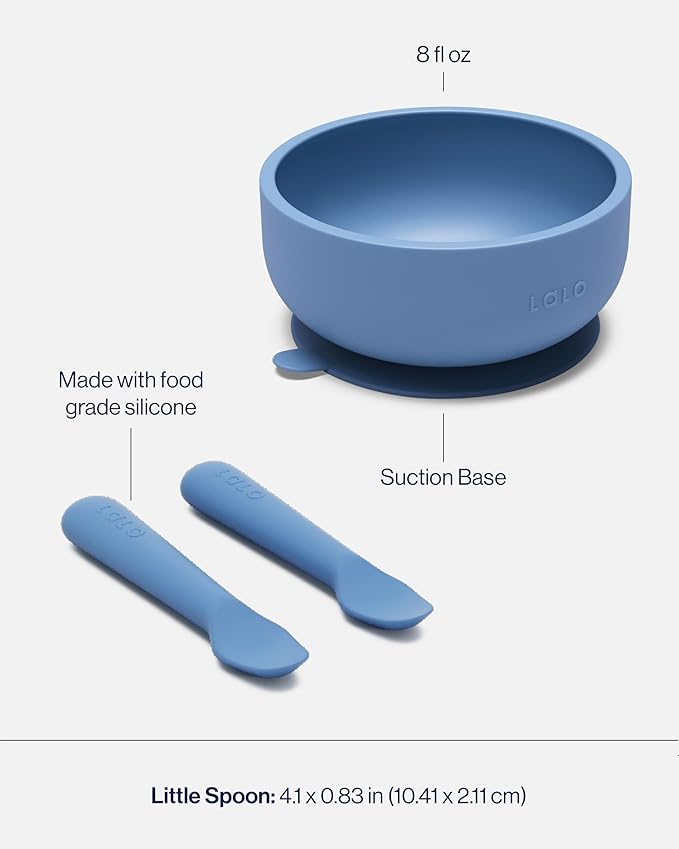 Lalo First Bites Starting Solids Silicone Baby Feeding Set with Suction Bowl, 2 Spoons and 1 Bib - 4-Piece Baby-Led Weaning Supplies - Non-Toxic Silicone Infant Tableware - Blueberry