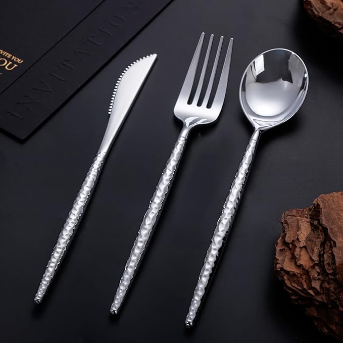 SUT 150PCS Silver Plastic Silverware, Disposable Utensils, Includes 50 Knives, Forks and Spoons, Hammered Silverware Set, Silver Cutlery. Plastic Silverware Heavy Duty for Party/Wedding