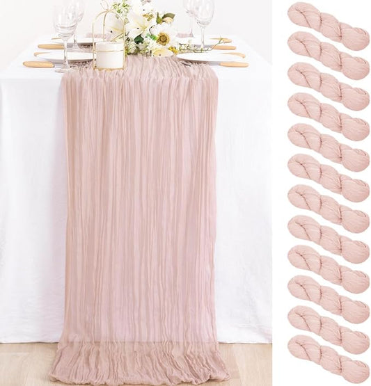 MLMC 12 Pack Dusty Pink Cheesecloth Table Runner 10ft Rustic Gauze Cheese Cloth Table Runner Bulk 35x120 Inches for Romantic Wedding Bridal Baby Shower Anniversary Party Decor