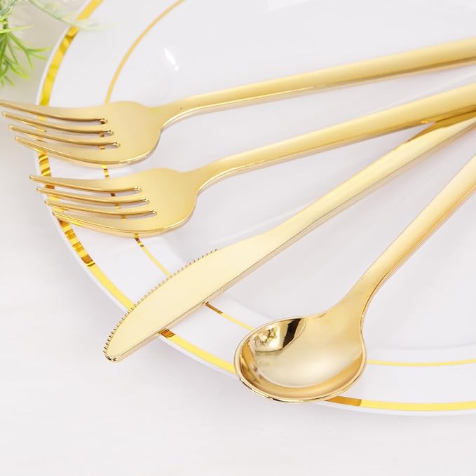 Rubtlamp 180 Pcs Gold Plastic Silverware - Disposable Plastic Utensils - Heavy Duty Plastic Forks And Spoons - Gold Plastic Cutlery Set Include 60 Forks, 60 Knives And 60 Spoons for Christmas Party