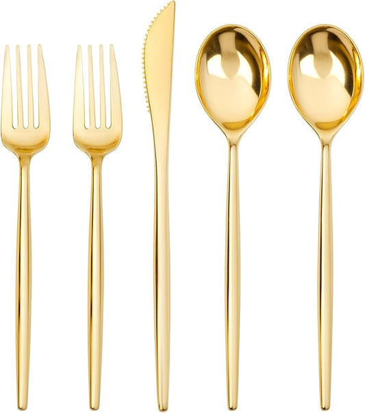 SUT 300 Pcs Gold Plastic Cutlery, Gold Utensils Disposable, Gold Plastic Silverware Set Include 100 Gold Plastic Forks, 100 Gold Plastic Spoons, 100 Gold Plastic Knives Heavy Duty Flatware for Party