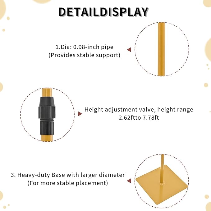 Vincidern 2pcs Adjustable Backdrop Stand for Wedding, Heavy Duty Metal Background Stand for Party, Wedding, Birthday, Events Decorations, Gold Pipe and Drape Backdrop Stand (2.6FT to 8FT Adjustable Height)