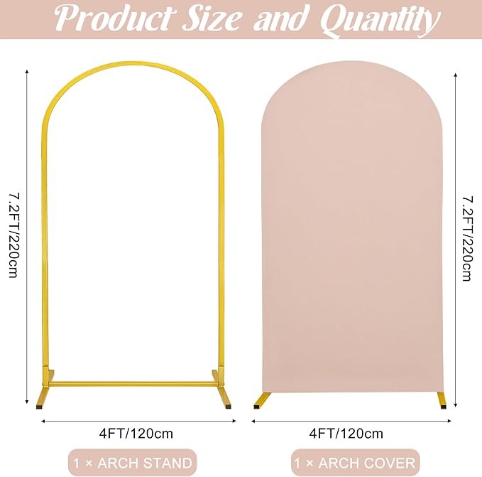 Metal Arch Stand and Cover Set,1 Nude Spandex Fitted Backdrop with 1 Gold Wedding Arched Stand Frame for Parties Birthday Baby Shower Bridal Banquet Decoration (7.2FT)