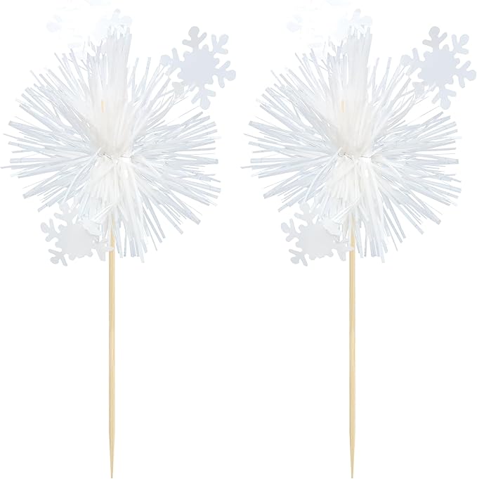 Gyufise 20Pcs Foil Firework Cupcake Toppers Sparkle Tinsel Cake Toppers Tinsel Drink Cake Decoration Cocktail Picks for Birthday Wedding Graduation Party Supplies White