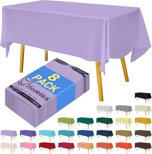8-Count Lavender Disposable Plastic Tablecloths Rectangle 54x108 Inch - Extra Long Waterproof Banquet Table Covers for Parties & Catering