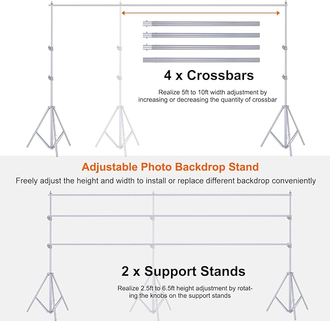 iMounTEK Backdrop Stand Photo Video Studio, 10Ft Wide Adjustable Backdrop Stand, Background Support System Kit with Clamps Carry Bag for Photography/Wedding/Party Decoration(Silver)