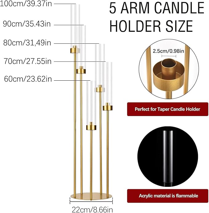 10PCS Gold Floor Candelabra,5 Arm Candle Holder Tall Floor Candle Holder with Acrylic Lampshade for Wedding Table Birthday Party Home Decoration Fit LED Taper Candles