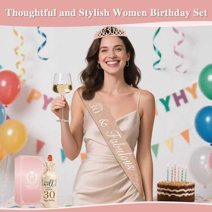 30th Birthday Gifts for Women Her - Elegant Decorations with Vintage Wine Glasses, Wine Bag, Birthday Sash, Crown,Rhinestone Birthday Tiara, Perfect for Women,Mom,Wife,Coworker,Best Friend,Sister