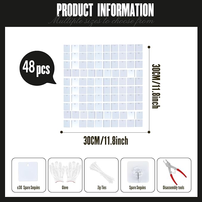 Shimmer Wall Sequin Backdrop, 48pcs Square Shimmer Wall Sequin Backdrop, DIY Party Shiny Decor for Wedding, Birthday, Anniversary, Graduation, Holiday&Home Background Supplies (White）