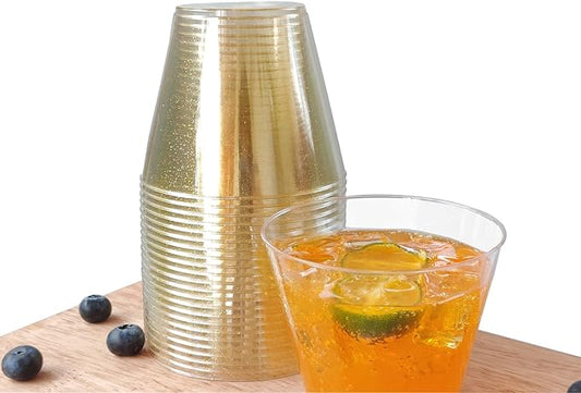 50 Pack Plastic Cups, 9 oz Glitter Disposable Gold Cups, Clear Plastic Tumblers and Clear Party Cup for Weddings, Birthday,Thanksgiving, Christmas,etc.