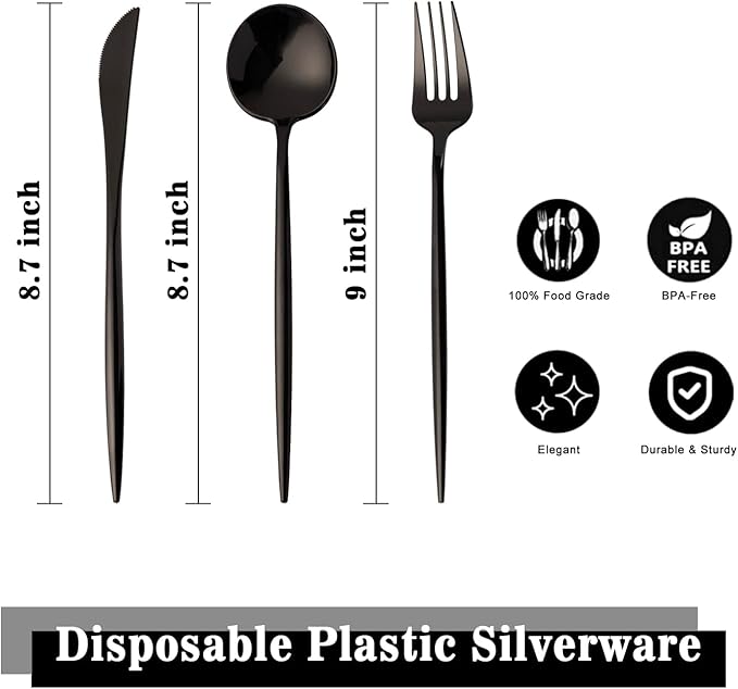 180PCS Black Plastic Silverware,Heavy Duty Disposable Utensils Include 60 Forks,60 Spoons and 60 Knives,Black Cutlery Plastic Silverware Sets for Party, Birthday,Wedding