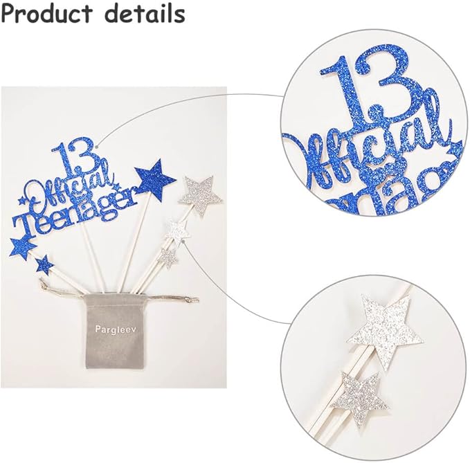 Glittery 13 Ofiicial Teenager Cake Topper with Star Boys and Girls 13th Birthday Party Supplies,Thirteen Years Old Birthday Party Decorations Royal Blue