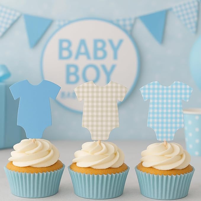 ALISSAR 36 Pcs Blue Gingham Cupcake Toppers - Baby Shower Decorations for Boys, Bodysuit & Cupcake Toppers, Diaper Cake Decor, Gender Reveal Party Supplies