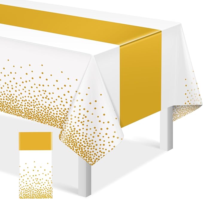 1Pcs White and Gold Tablecloth Party Decorations,Plastic White Table Cloth Printed Gold Table Runner Disposable Rectangle Tables Cover for Birthday Wedding Anniversary Graduation Party,54 x108 Inch