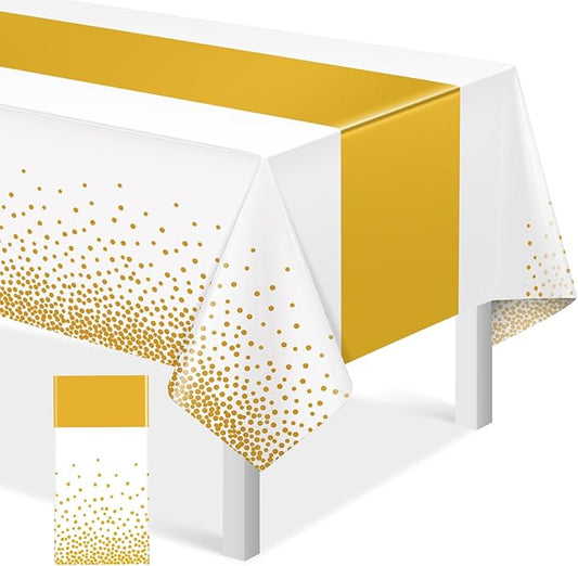 1Pcs White and Gold Tablecloth Party Decorations,Plastic White Table Cloth Printed Gold Table Runner Disposable Rectangle Tables Cover for Birthday Wedding Anniversary Graduation Party,54 x108 Inch