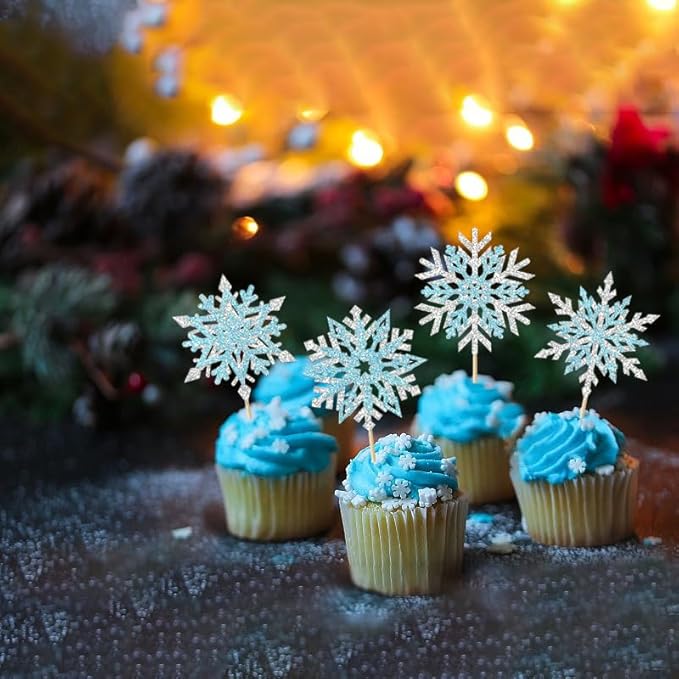 24Pcs Snowflake Cupcake Toppers Glitter Silver and Blue Frozen Cupcake Picks for Winter Frozen Theme Christmas Winter Wonderland Baby Shower Birthday Wedding Decoration Supplies