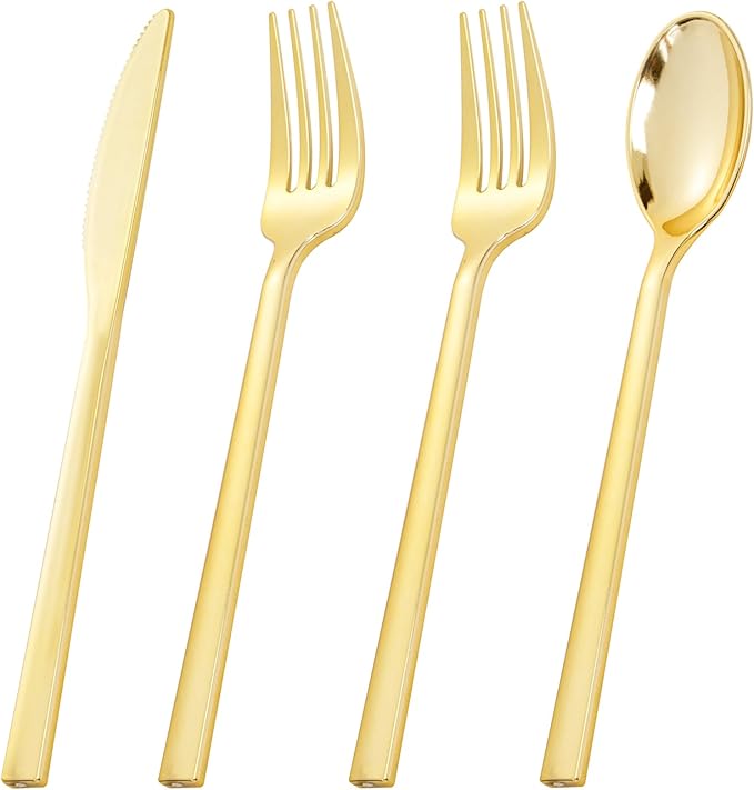Rubtlamp 180 Pcs Gold Plastic Silverware - Disposable Plastic Utensils - Heavy Duty Plastic Forks And Spoons - Gold Plastic Cutlery Set Include 60 Forks, 60 Knives And 60 Spoons for Christmas Party