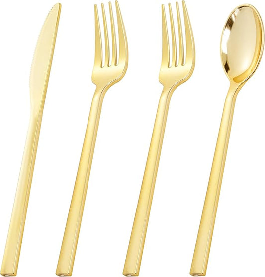 Rubtlamp 180 Pcs Gold Plastic Silverware - Disposable Plastic Utensils - Heavy Duty Plastic Forks And Spoons - Gold Plastic Cutlery Set Include 60 Forks, 60 Knives And 60 Spoons for Christmas Party