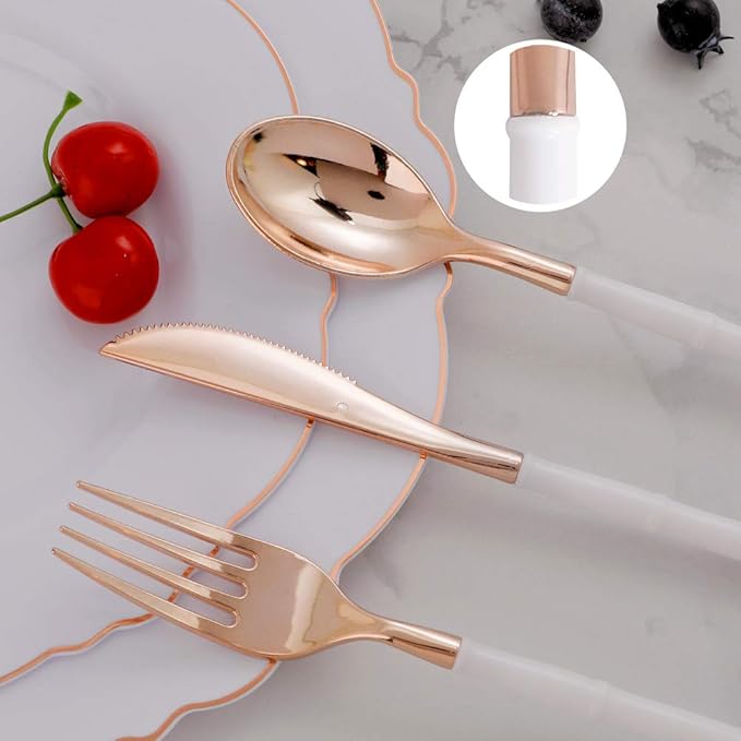WDF 90Pieces Rose Gold Plastic Silverware - Rose Gold Plastic Cutlery with White Handle- Heavy Duty Disposable Silverware Include 30Forks, 30 Spoons, 30 Knives for Valentines Day, Wedding, Party