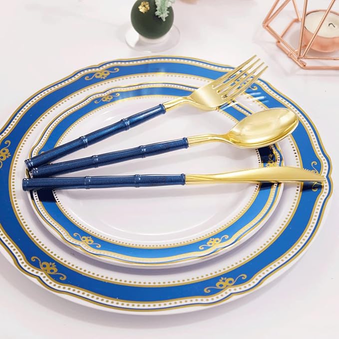 Supernal 180pcs Gold Plastic Silverware,Gold Plastic Cutlery with Blue Glitter Bamboo Handle,Elegant Durable Disposable Cutlery Heavy Duty include 60 Knives,60 Forks,60 Spoons