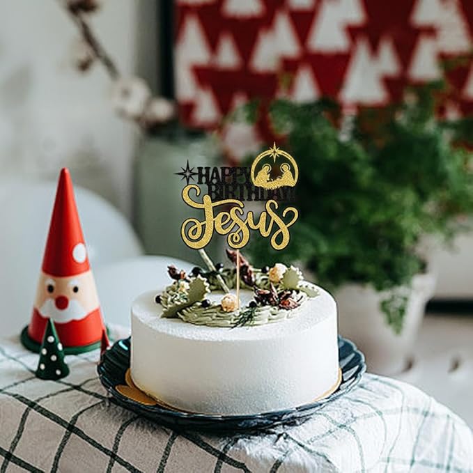 1Pcs Happy Birthday Cake Topper Glitter Black-gold Jesus Birthday Cake Pick Merry Christmas Cake Decorations for Nativity Scene Christmas Birthday Party Supplies