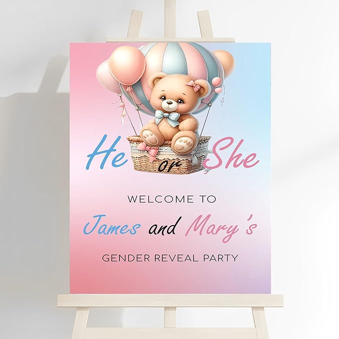 Baby Girl Welcome Signs, Bear Theme For Gender Reveal Ceremony, Teddy Bear Themed Gender Reveal Decorations, Gender Reveal Sign, Hot Air Balloon Theme For Girls