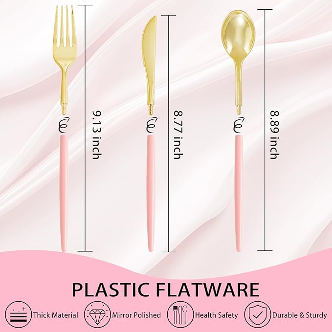 Supernal 102Pcs Pink Plastic Silverware, Gold Disposable Utensils with Pink Handle, Elegant Gold Plastic Silverware Set Includes 34 Forks, 34 Spoons and 34 Knives for Party & Wedding, Mother's Day