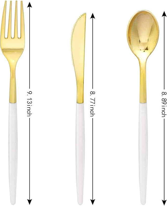 Supernal 102pcs Gold Plastic Cutlery, Durable Plastic silverware,Disposable Cutlerty with White Handle,Include 34 Forks,34 Knvies,34 Spoons, Suit for Wedding,Birthday,Party