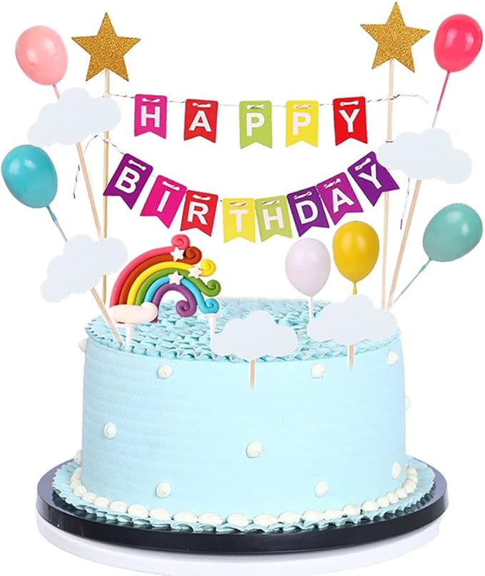 MEMOVAN Rainbow Cake Topper 15pcs Happy Birthday Cake Flag Banner, Colorful Rainbow Clouds Balloon Ball Cake Cupcake Topper Colorful Rainbows Cake Decoration for Boys Girls Birthday Baby Shower Party