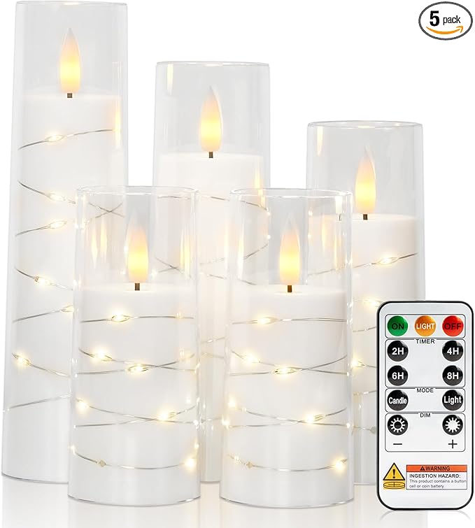 Raycare Flameless Candle with Remote Timer – 5 Flickering Acrylic Battery Operated LED Pillar Candles with Embedded Star String for Christmas, Home Decor, and as a Gift(White)