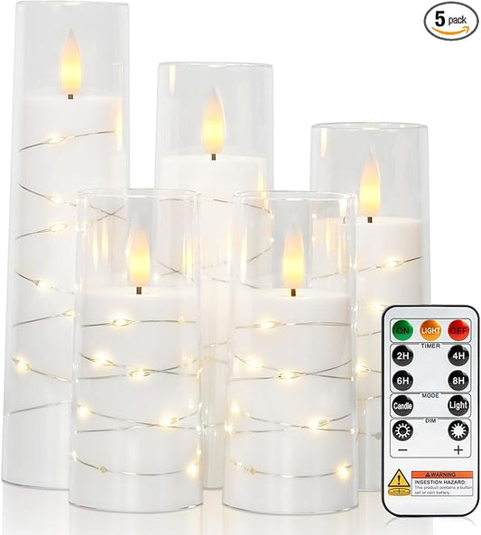 Raycare Flameless Candle with Remote Timer – 5 Flickering Acrylic Battery Operated LED Pillar Candles with Embedded Star String for Christmas, Home Decor, and as a Gift(White)