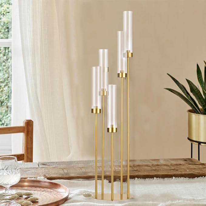 Tall 5 Arm Candle Holder for Wedding Table,39.4'' Tall Candelabra with Acrylic Lampshade for Birthday Party Home Decoration Halloween Christmas Day Fit LED Taper Candles