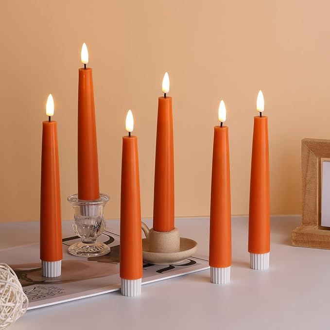 Eywamage Orange Flameless Taper Candles with Remote, Flickering Fall Thanksgiving LED Wax Candlesticks Set of 6