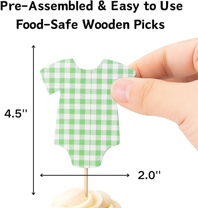 ALISSAR 36 Pcs Sage Green Gingham Cupcake Toppers - Neutral Baby Shower Decorations, Baby Shower Cake Topper, Bodysuit & Cupcake Toppers, Diaper Cake Decor, Gender Neutral Party Supplies