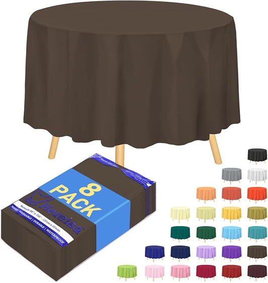 8-Pack Brown Disposable Plastic Tablecloths Round 84 Inch Diameter - Heavy Duty Waterproof Party Table Covers for Weddings, Banquets & Events