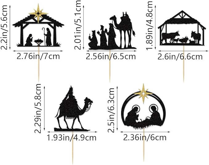 30Pcs Christmas Nativity Cupcake Toppers Black Glitter Holy Cake Decoration Christmas Jesus Decorations for Nativity Scene Holy Family Religious Birthday Party Decorations