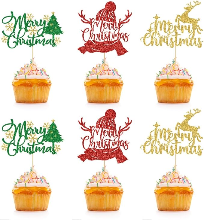 24Pcs Merry Christmas Cupcake Toppers Glitter Xmas Tree Deer Cap Snow Christmas Eve Xmas Cupcake Picks for Celebrating Merry New Year Birthday Party Supplies