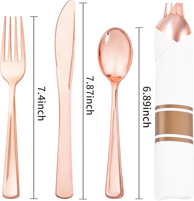 Liacere 100Pack Rose Gold Plastic Silverware - Pre Rolled Napkins with Rose Gold Cutlery - Wrapped Silverware Set Disposable100 Forks Knives Spoons Wrapped Utensils for Wedding＆Valentine's Day